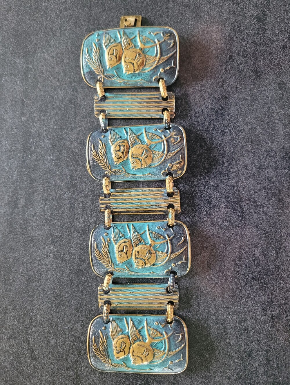 Vintage Mid-Century Teal & Gold Metal Fish & Bamboo Bracelet + Free Pouch!
